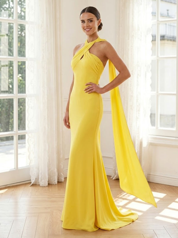 Chiffon Mermaid Halter Long Formal Dresses with Scarf
