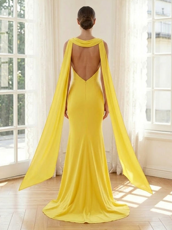 Chiffon Mermaid Halter Long Formal Dresses with Scarf