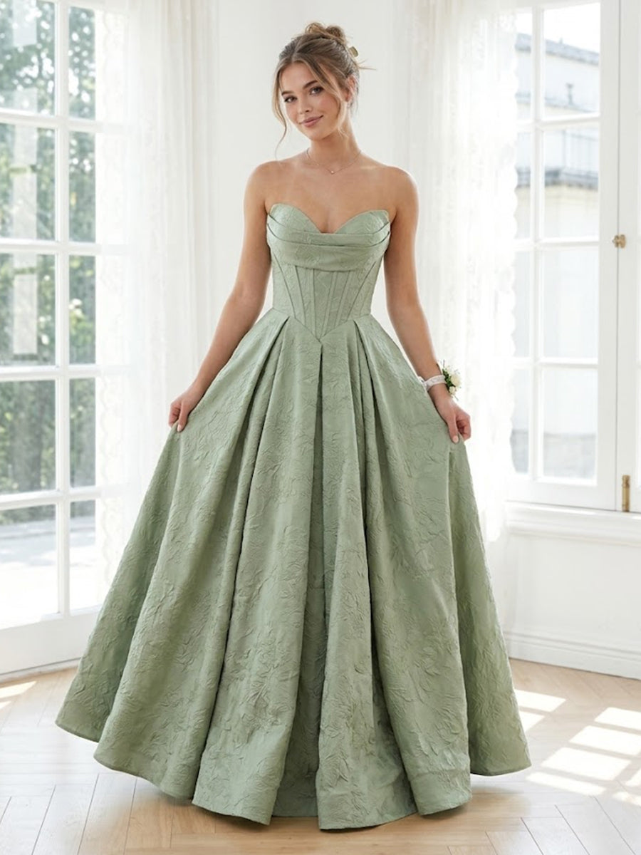 Jacquard A Line Strapless Long Formal Dresses with Corset