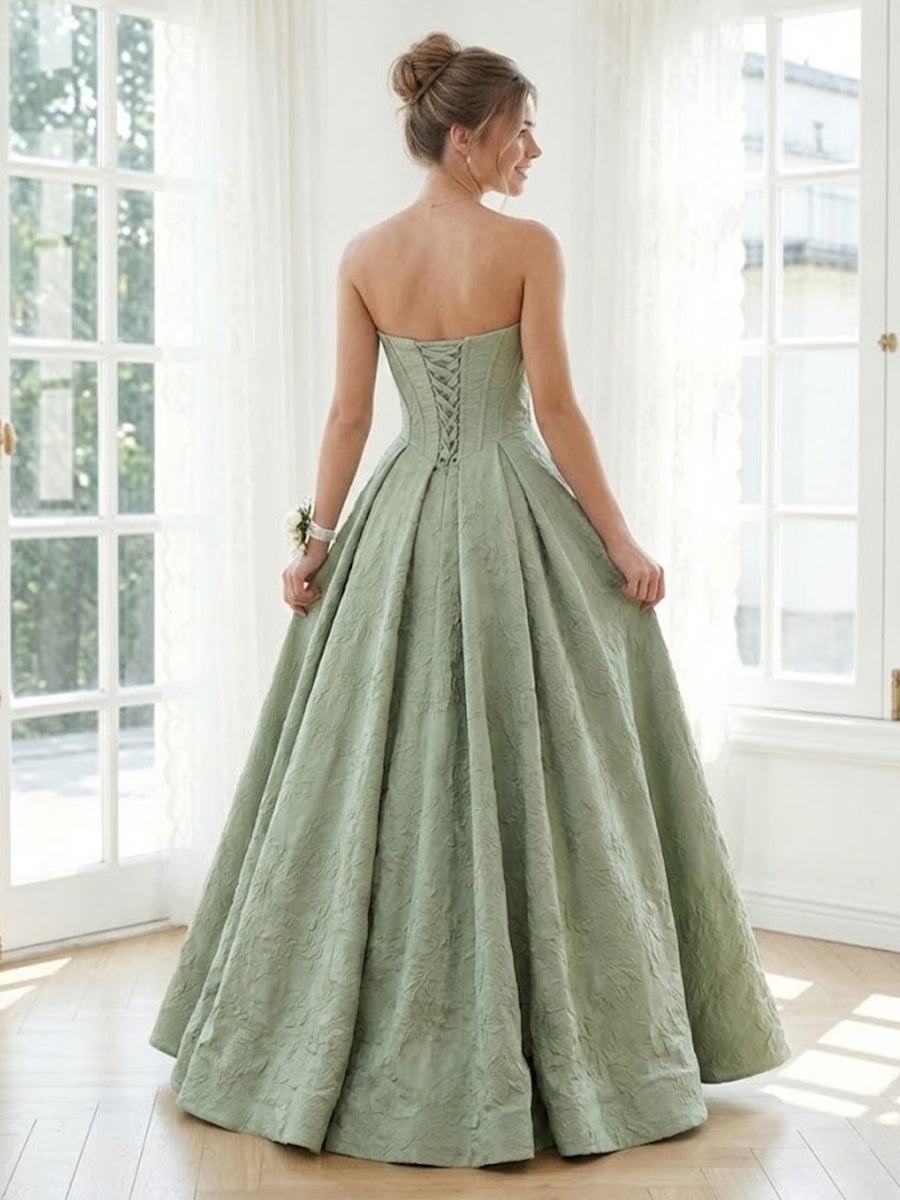 Jacquard A Line Strapless Long Formal Dresses with Corset