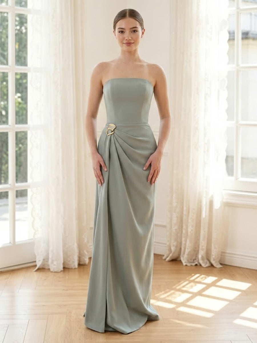 Satin Mermaid Strapless Long Formal Dresses with Pleated