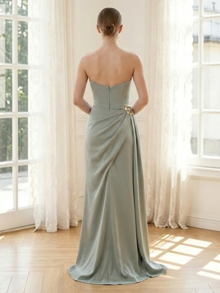 Satin Mermaid Strapless Long Formal Dresses with Pleated