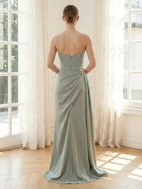 Satin Mermaid Strapless Long Formal Dresses with Pleated