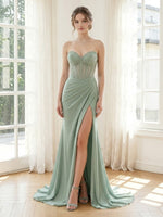 Chiffon Mermaid Strapless Long Formal Dresses with Slit