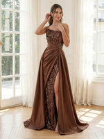 Satin A Line Strapless Long Evening Dresses with Sparkly Sequin