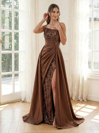 Satin A Line Strapless Long Formal Dresses with Sparkly Sequin