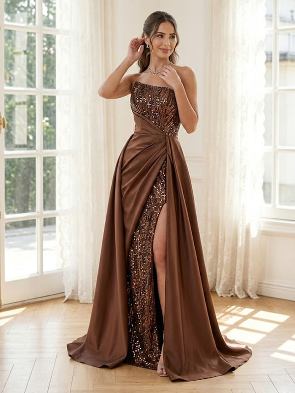Satin A Line Strapless Long Formal Dresses with Sparkly Sequin