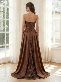 Satin A Line Strapless Long Formal Dresses with Sparkly Sequin
