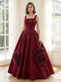 Satin A Line Square Neck Spaghetti Straps Long Formal Dresses with Flowers