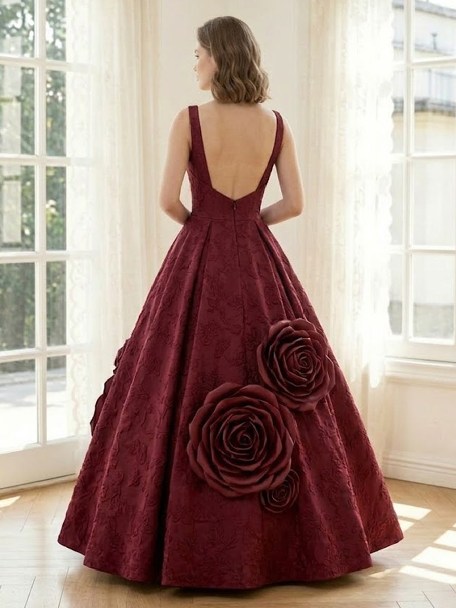 Satin A Line Square Neck Spaghetti Straps Long Formal Dresses with Flowers