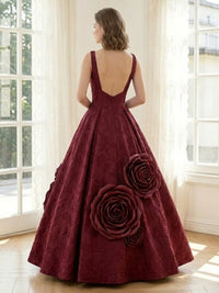 Satin A Line Square Neck Spaghetti Straps Long Formal Dresses with Flowers