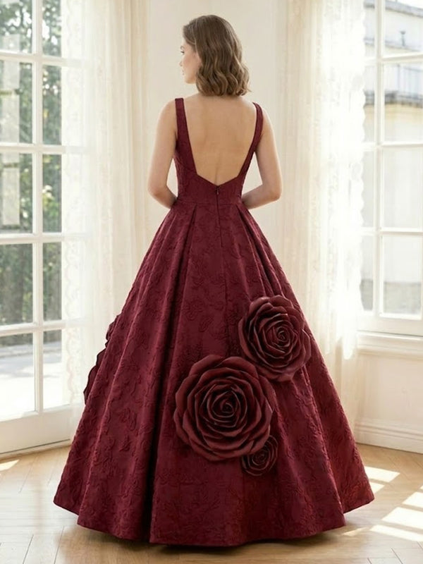 Satin A Line Square Neck Spaghetti Straps Long Formal Dresses with Flowers