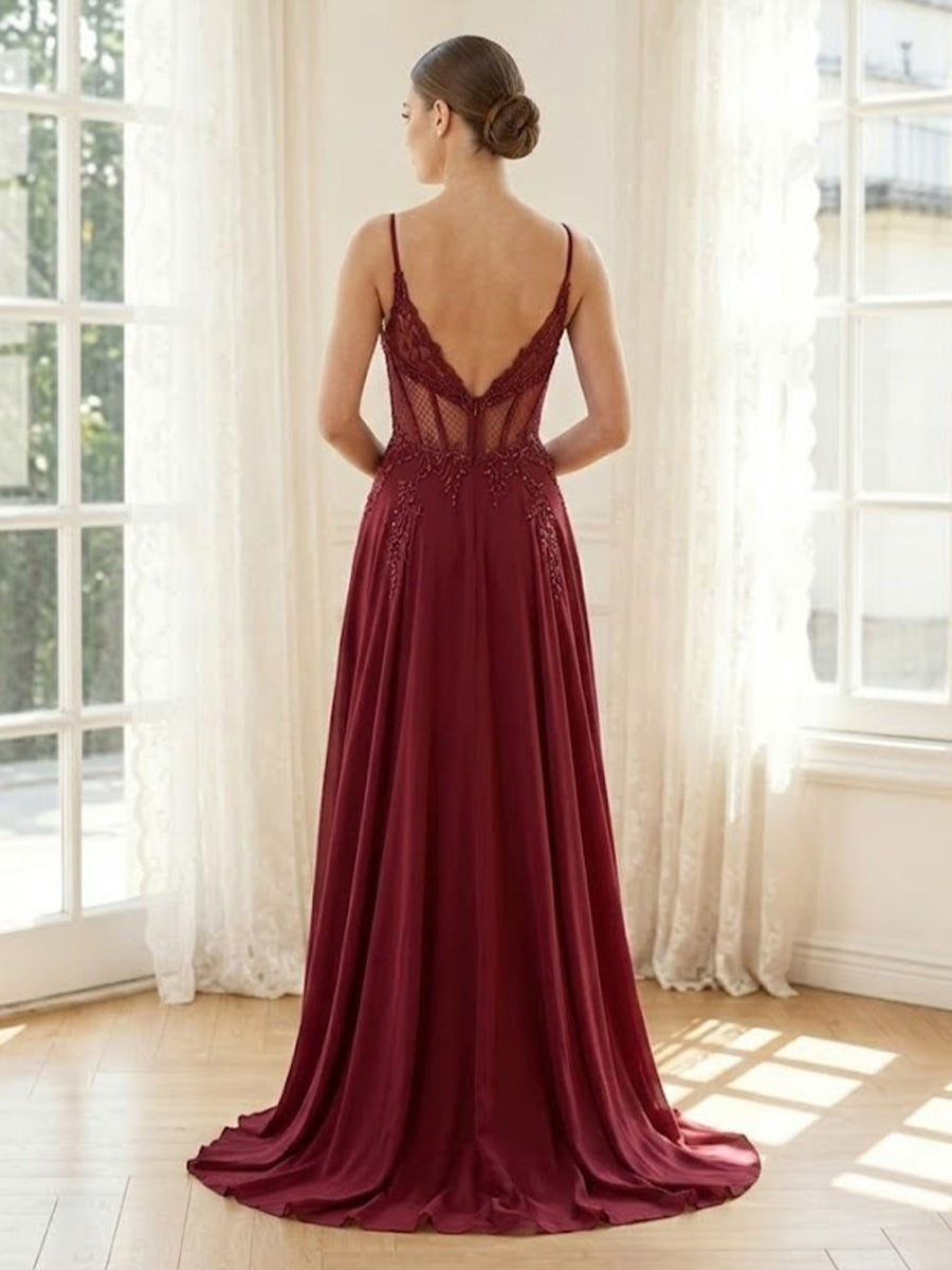 Chiffon A Line V Neck Spaghetti Straps Long Formal Dresses with Slit