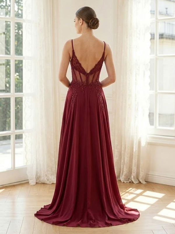 Chiffon A Line V Neck Spaghetti Straps Long Formal Dresses with Slit