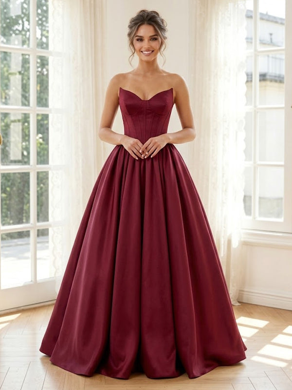 Satin A Line V Neck Sleeveless Long Ball Gown Formal Dresses