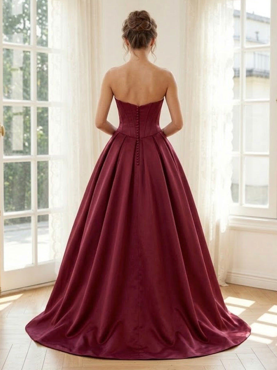 Satin A Line V Neck Sleeveless Long Ball Gown Formal Dresses
