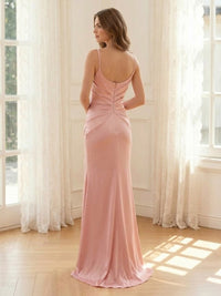 Satin Mermaid V Neck Spaghetti Straps Long Formal Dresses with Slit