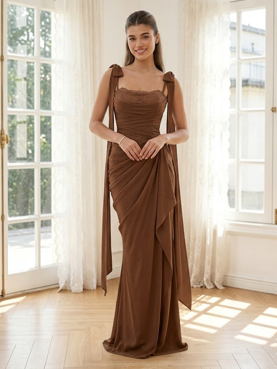 Chiffon Mermaid Square Neck Spaghetti Straps Long Formal Dresses with Bow