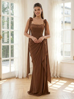Chiffon Mermaid Square Neck Spaghetti Straps Long Formal Dresses with Bow