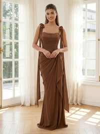 Chiffon Mermaid Square Neck Spaghetti Straps Long Formal Dresses with Bow