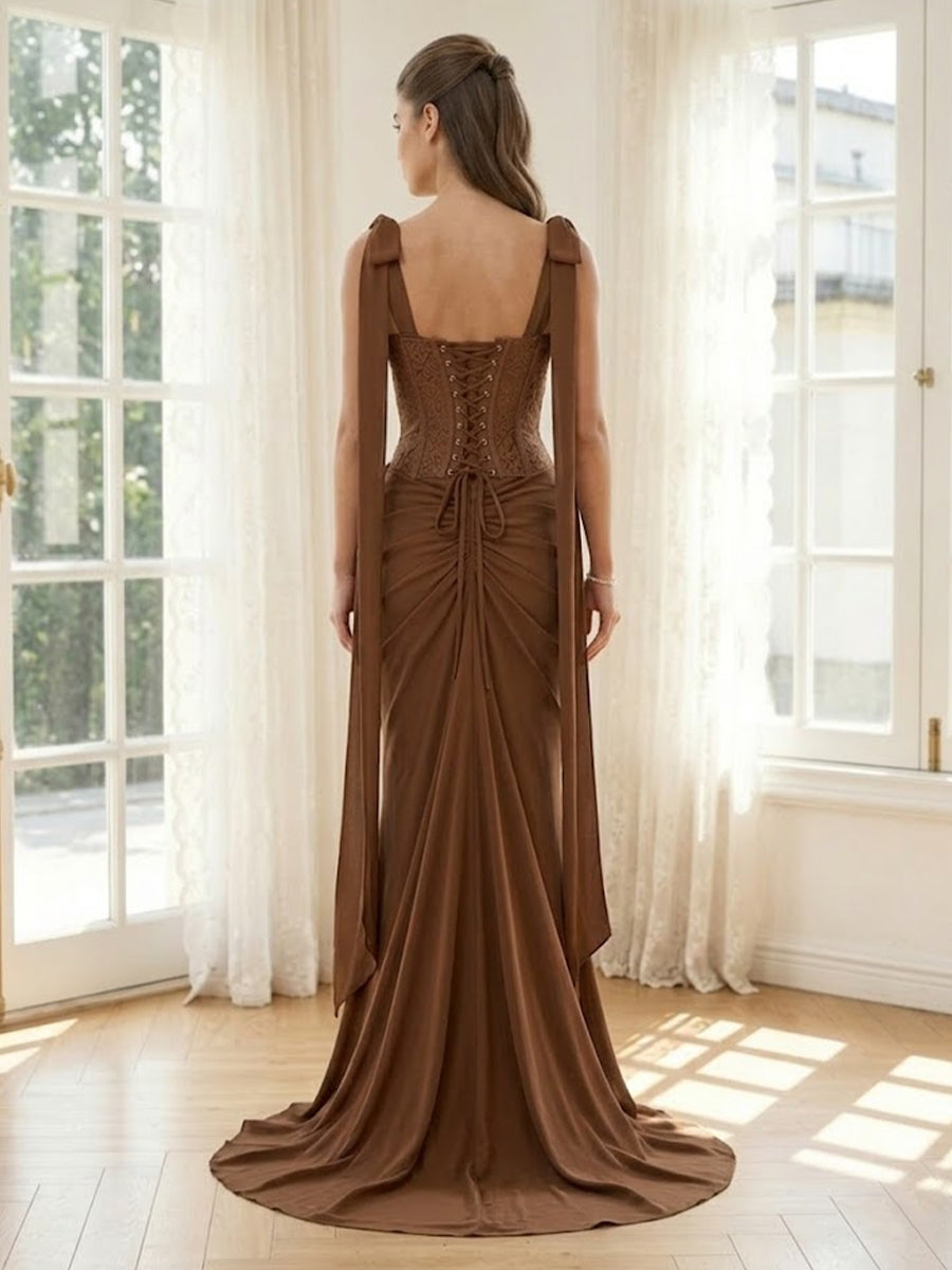 Chiffon Mermaid Square Neck Spaghetti Straps Long Formal Dresses with Bow