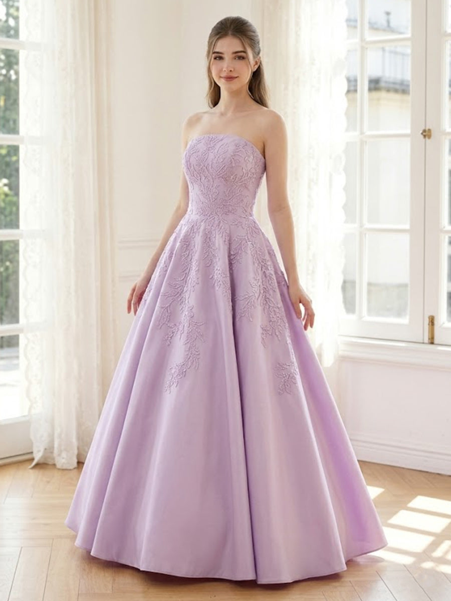 Satin A Line Strapless Sleeveless Long Formal Dresses with Lace Appliques