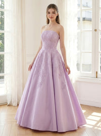 Satin A Line Strapless Sleeveless Long Formal Dresses with Lace Appliques