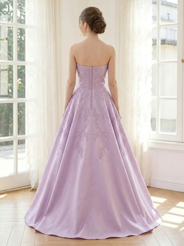 Satin A Line Strapless Sleeveless Long Formal Dresses with Lace Appliques