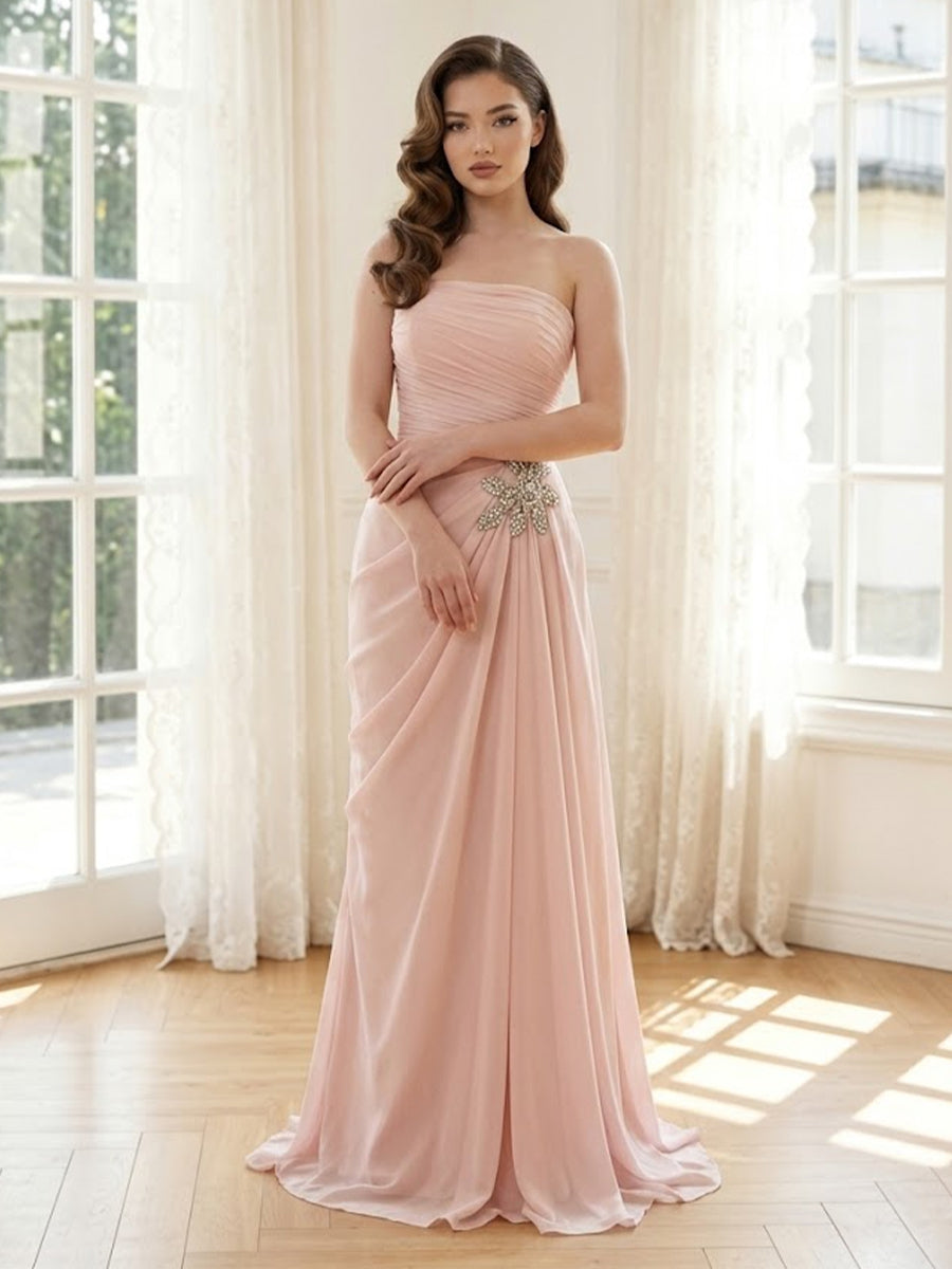 Chiffon Mermaid Strapless Long Formal Dresses with Beadings