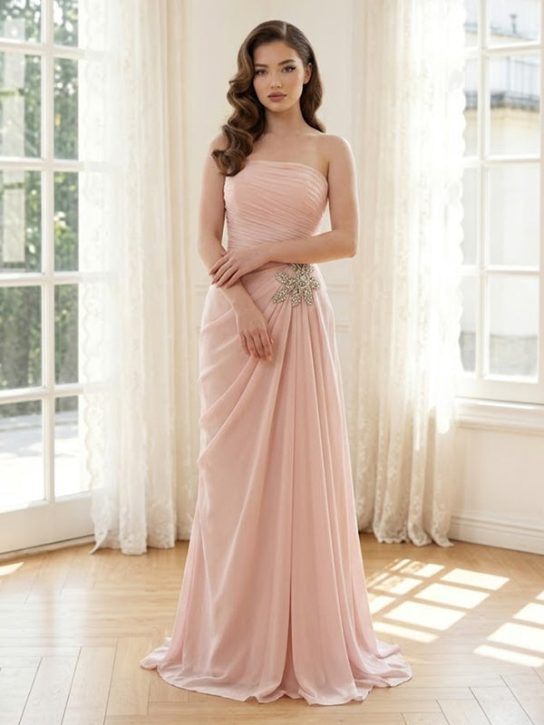Chiffon Mermaid Strapless Long Formal Dresses with Beadings