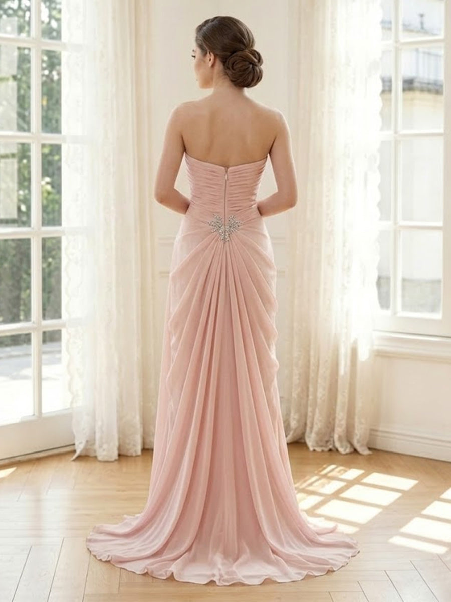 Chiffon Mermaid Strapless Long Formal Dresses with Beadings