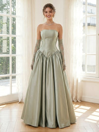 Satin A Line Strapless Sleeveless Long Formal Dresses with Drop Waist