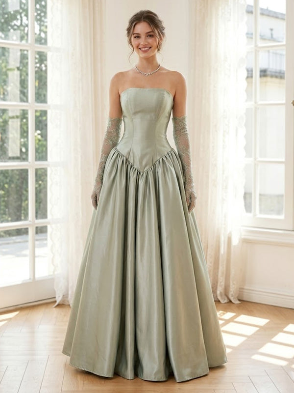 Satin A Line Strapless Sleeveless Long Formal Dresses with Drop Waist
