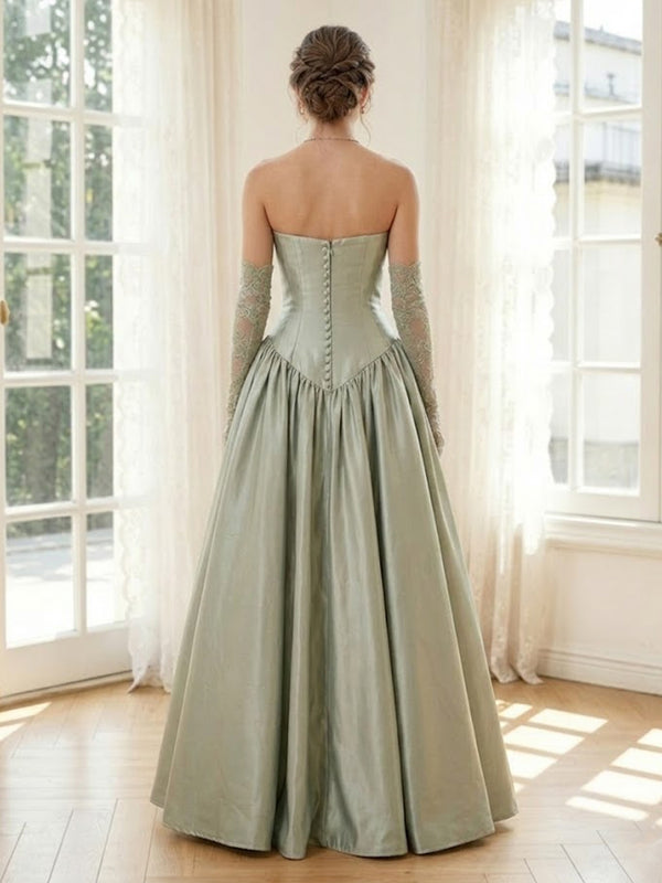 Satin A Line Strapless Sleeveless Long Formal Dresses with Drop Waist