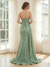 Sequin Mermaid Strapless Long Formal Dresses with Slit
