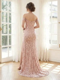 Sequin Mermaid Off Shoulder Long Formal Dresses with Slit