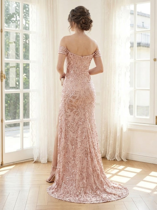 Sequin Mermaid Off Shoulder Long Formal Dresses with Slit