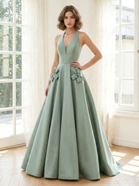 Satin A Line Halter Long Formal Dresses with Bow