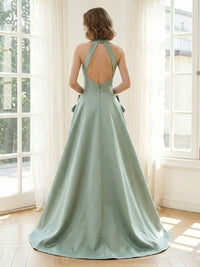 Satin A Line Halter Long Formal Dresses with Bow