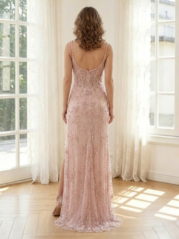 Sequin Mermaid Spaghetti Straps Long Formal Dresses with Slit