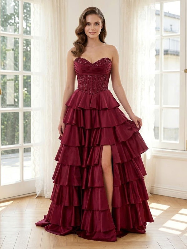 Tiered Satin A Line Strapless Long Formal Dresses with Beadings