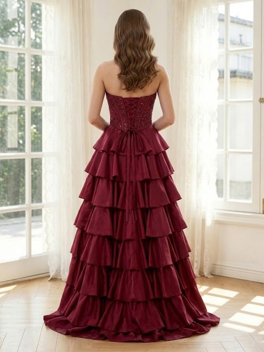 Tiered Satin A Line Strapless Long Formal Dresses with Beadings