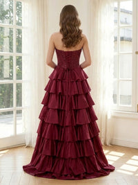 Tiered Satin A Line Strapless Long Formal Dresses with Beadings