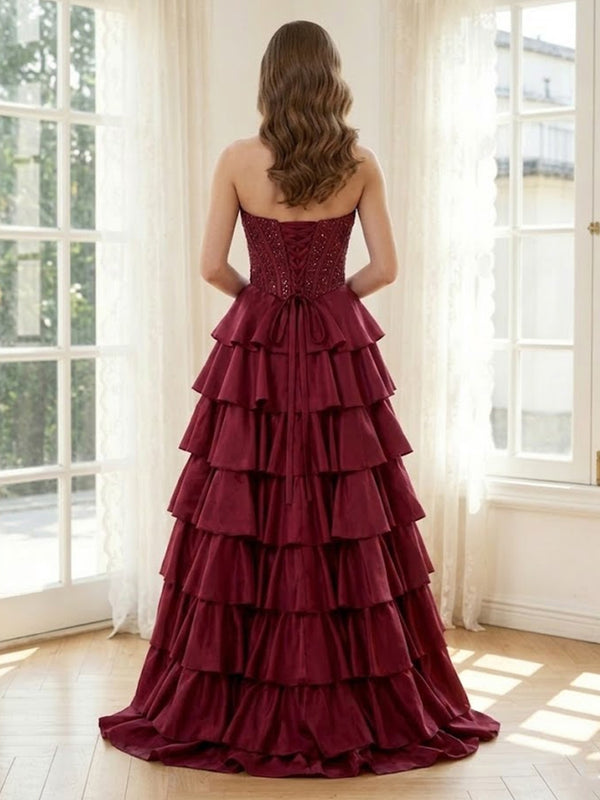 Tiered Satin A Line Strapless Long Formal Dresses with Beadings