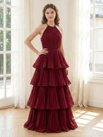 Chiffon A Line Halter Long Formal Dresses with Tiered