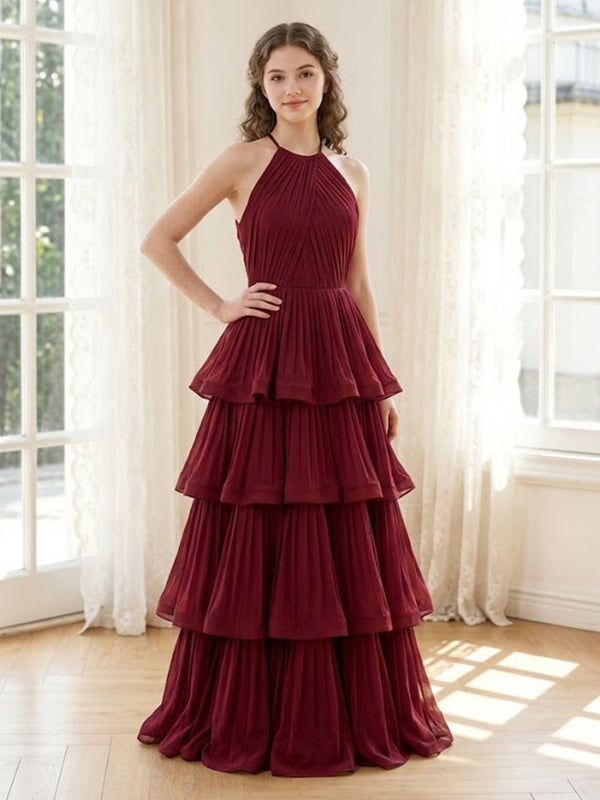 Chiffon A Line Halter Long Formal Dresses with Tiered