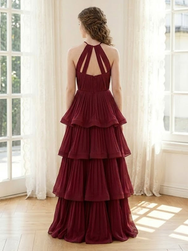 Chiffon A Line Halter Long Formal Dresses with Tiered