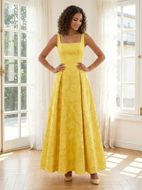 Jacquard A Line Square Neck Spaghetti Straps Long Formal Dresses