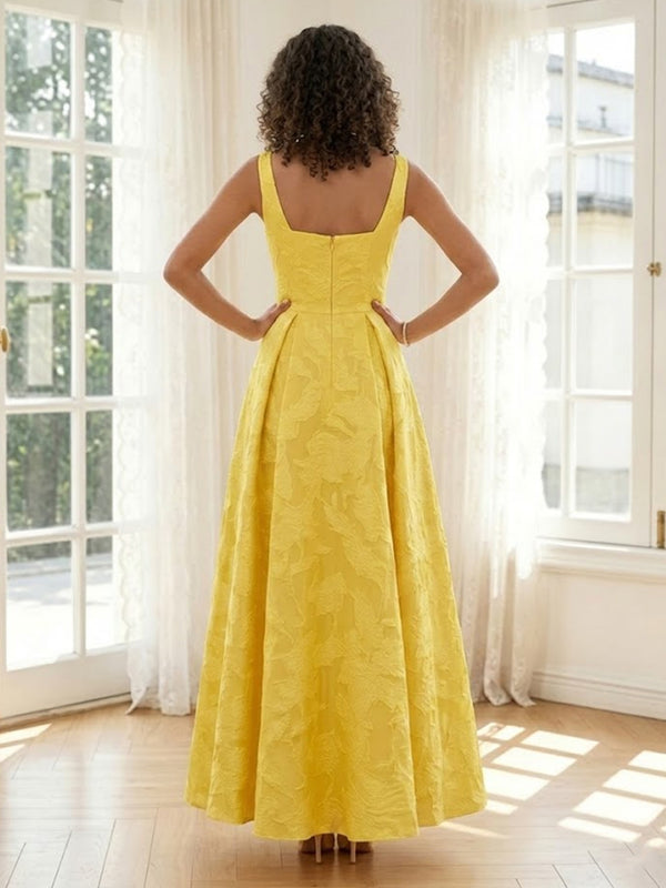 Jacquard A Line Square Neck Spaghetti Straps Long Formal Dresses