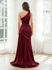 Satin Mermaid One Shoulder Long Formal Dresses with Slit